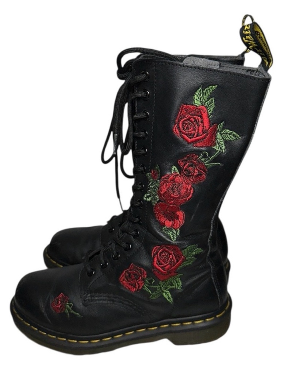Dr. Martens Women’s Size 6 Black Leather Vonda Floral Rose 14 Eye Zip Tall Boots